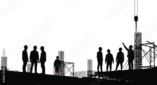 construction, workers, silhouette, teamwork, rebar, crane, scaffolding, site, gear, safety, structure, vector, black, white, coordination