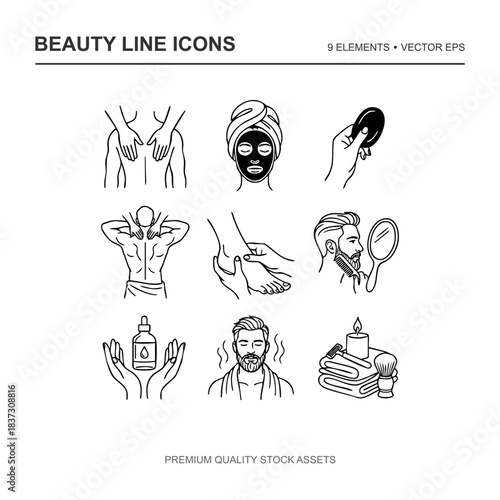 A comprehensive collection of 9 minimalist vector line art icons. This set includes illustrations of back and neck massage, foot reflexology, facial skincare mask, hand washing, beard grooming, sauna