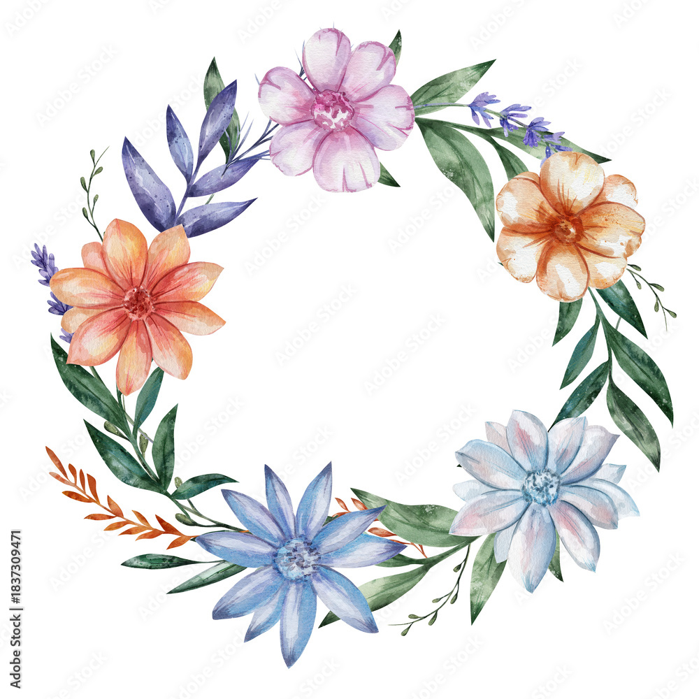 Fototapeta premium Watercolor floral wreath with colorful blossoms and green leaves, elegant circular frame. Delicate nature design is perfect for invitations, cards, and spring themes. Copy space, white background