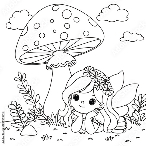 Fairy and mushroom coloring page. Children's coloring books with cute fairy cartoon character, fun