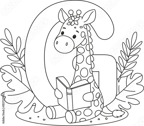 Letter G with a giraffe reading a book coloring page. Fun and educational black and white illustration for children to learn the alphabet, practice reading and writing