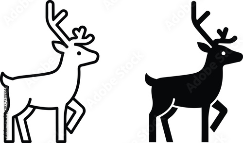 Two stylized deer icons, one in outline and one in solid black silhouette, walking with antlers.