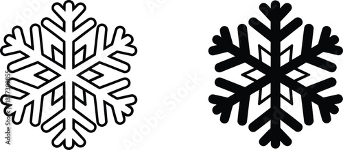 A black outline snowflake icon next to a solid black snowflake icon, both with six points.