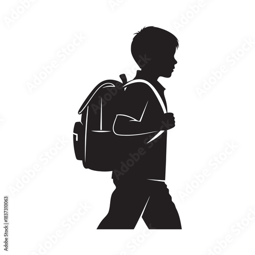 Silhouette of a young schoolboy with a backpack walking to class, representing education, learning, and childhood journey