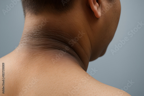 Photorealistic 3D medical illustration of Acanthosis Nigricans, close-up of the back of the neck showing smooth, velvety, darkened skin folds with subtle thickening