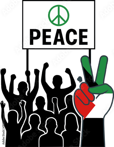 Protesters holding a peace sign banner with raised fists in a solidarity demonstration