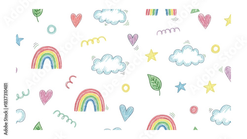 Whimsical World of Colors: A delightful artistic composition, overflowing with vibrant rainbows, fluffy clouds, cheerful hearts, and twinkling stars. a visual symphony of joy and playful creativity. 