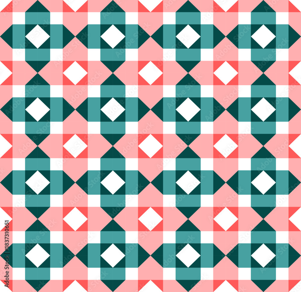 Fototapeta premium A stylish geometric repeating pattern in pastel teal and coral, suitable for fabric printing, fashion textiles, and decorative surfaces.