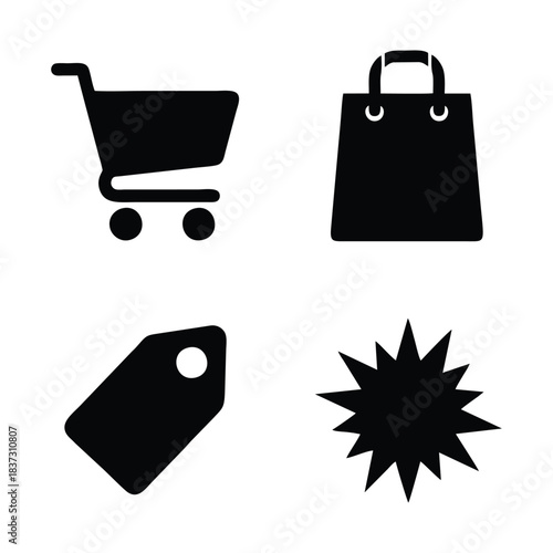 Shopping and Retail Icon Set - Shopping Cart, Bag, Price Tag, and Burst Symbols