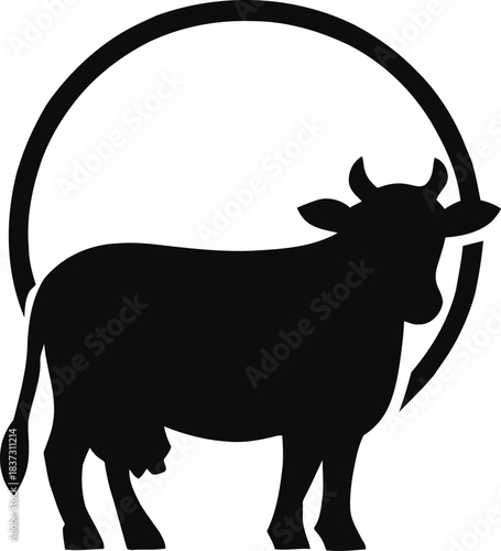 Graphic silhouette icon of a majestic dairy cow standing within a perfect circular frame, symbolizing agricultural produce and farm life