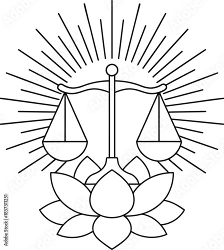 Elegant illustration of the scales of justice resting on a blooming lotus, surrounded by radiating lines, representing equilibrium, wisdom, and spiritual harmony