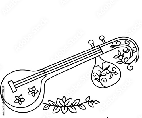 Ornate stringed instrument illustration with floral patterns and leaves