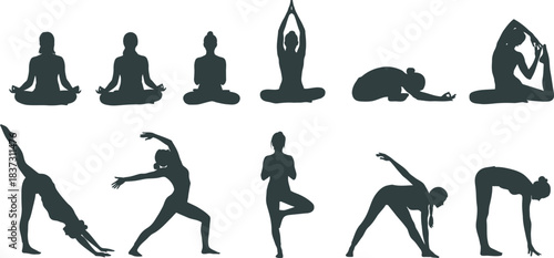 Yoga poses vector silhouette set, women in various positions for meditation, flexibility, balance, and mindful exercise practice