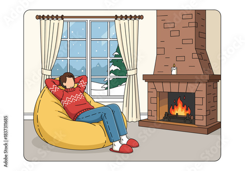 Charming vector illustration of a man resting in a large bean bag chair by a brick fireplace, enjoying the peaceful snowfall outside the window during the holidays.
