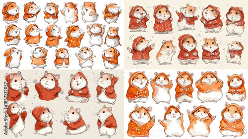 An adorable illustration set featuring expressive hamsters in cozy outfits and charming poses, perfect for children themes, stickers, pattern design, and cute character artwork.