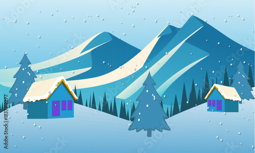 Winter illustration featuring cozy houses in a snowy mountain landscape. Evergreen trees and falling snow complete a peaceful, picturesque scene