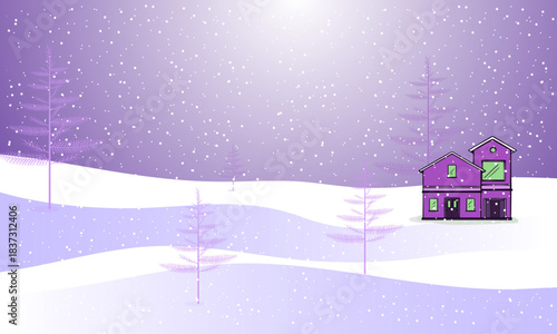 A charming purple house sits nestled in a serene winter landscape with snow-covered hills and sparse trees under a soft, glowing sky