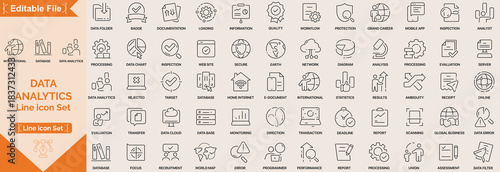 Data analytics icon set. Big data analysis technology symbol. Containing database, statistics, analytics, server, monitoring, computing and network icons. Solid icons vector collection.