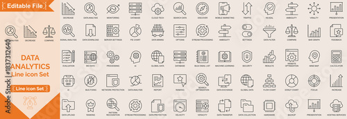 Big icon Set, Data analytics icon set. Big data analysis technology symbol. Containing database, statistics, analytics, server, monitoring, computing and network icons. Solid icons vector collection.