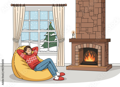 Cozy vector illustration of a person relaxing by a warm stone fireplace in a bean bag chair while it is snowing outside during the winter holiday season.
