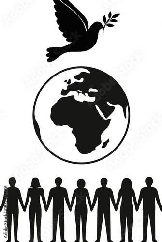 Graphic global peace and human unity, featuring a dove with an olive branch, the world sphere, and diverse people holding hands, symbolizing solidarity and harmony