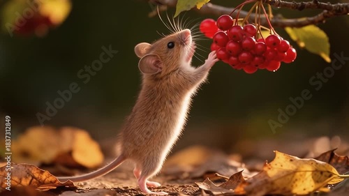 Little mouse stretching for bright red rowan berries on a branch, captured in soft natural light with detailed fur texture, clean background, gentle motion and a charming wildlife moment.