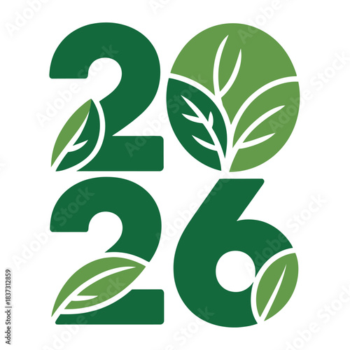 The year 2026 is represented by large green numerals with leaf motifs.