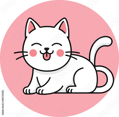 Cute white kitten vector illustration featuring a cheerful, happy cat with its tongue playfully sticking out, designed in a trendy adorable kawaii style against a pink background.