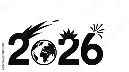 Year 2026 concept: A conceptual graphic showcasing the year 2026, with world globe symbolizing global relevance and stylized elements hinting at futuristic progress and challenges.