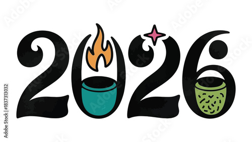 2026 Typography Design: The year 2026 is artistically represented with unique fonts and symbolic embellishments. It suggests a futuristic vibe. 
