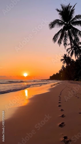 Footprints lead along tropical palm tree lined beach toward golden sunset reflecting on wet sand ocean shoreline peaceful warm evening