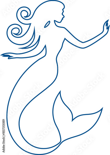 Stylish mermaid outline vector with long flowing hair, ideal for fairytale themes, beach businesses, and creative designs.