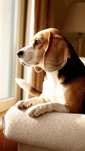 Beagle dog pet sitting on armrest and sofa by window looking calm thoughtful in warm soft natural light cozy indoor scene