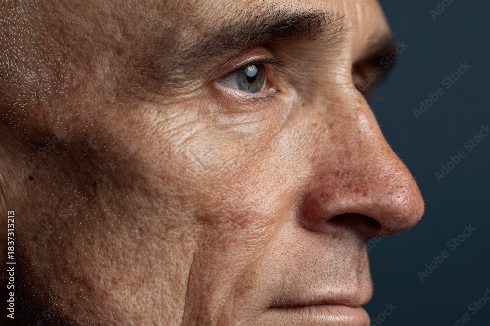 Fototapeta premium Close-Up Profile Portrait of Thoughtful Veteran Against Navy Gradient Background