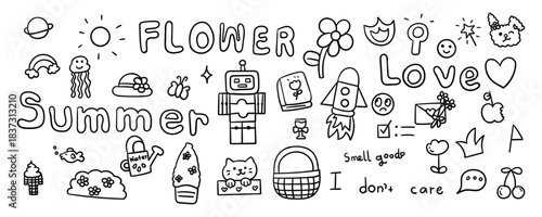 Cute Doodle Icons Set – Summer, Love, Flowers, Robots and Fun Objects. Illustration vector design.