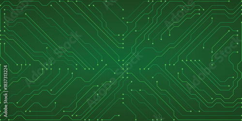 Green Circuit Board Pattern Abstract Technology Background with Glowing Lines and Nodes Representing Digital Connections and Data Flow