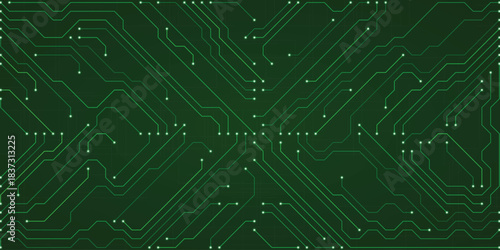 Green Circuit Board Pattern Abstract Technology Background with Digital Lines and White Nodes for Futuristic Concepts and Science