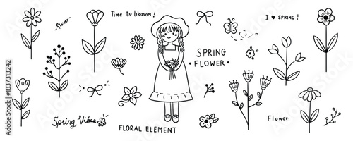 Hand drawn spring flower element line doodle concept set. Illustration vector design.