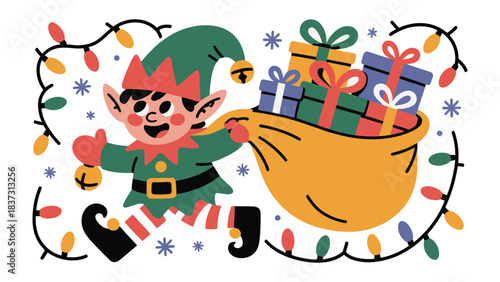 Joyful Holiday Elf with Presents: A cheerful elf, adorned in festive attire, eagerly carries a brimming sack of colorful gifts, spreading holiday cheer and the magic of giving.