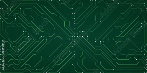 Intricate green digital circuit board pattern with bright green lines and white square nodes on a dark forest green gradient background representing advanced technology and complex systems