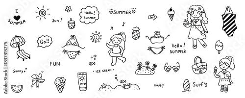 Hand Drawn Summer Doodle Set – Cute Line Art Vector Illustration