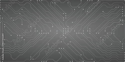 Monochromatic grey circuit board pattern with white lines and small square nodes, representing technology, data, and connectivity in a clean design