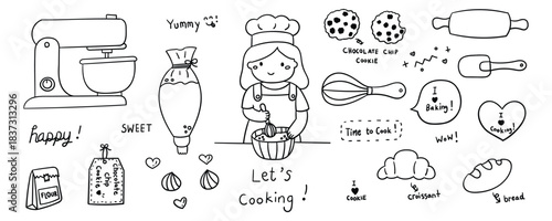 Set of hand drawn baking and cooking element line doodle. Illustration vector design.