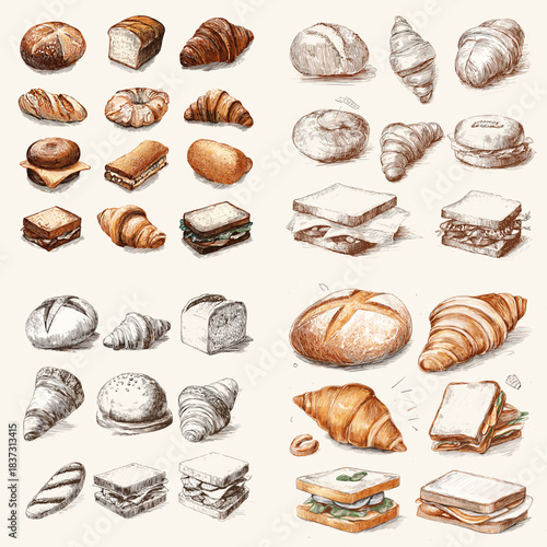 A delicious illustration set of bread loaves, croissants, rolls, buns, and layered sandwiches, perfect for bakery designs, food menus, culinary projects, and recipe artwork.
