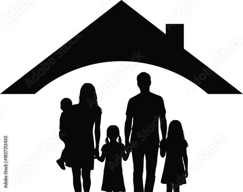 Silhouette of a family of five standing under a protective house roof icon