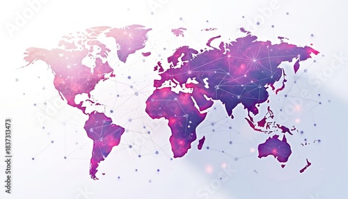 World map illustration global network. Galaxy background with constellation points shows planet connection. Design represents data exchange, travel, business worldwide, intercontinental