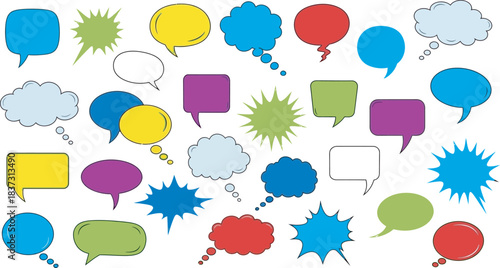 Colorful cartoon speech and thought bubbles vector collection. dynamic shapes and vibrant hues for comic, chat, dialogue, and communication design elements.