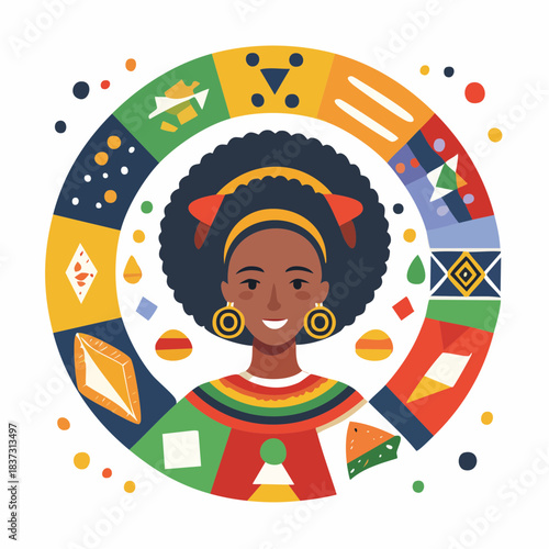 Vibrant illustration of a smiling Black woman with an afro, surrounded by a colorful circular design featuring diverse cultural patterns and abstract shapes.