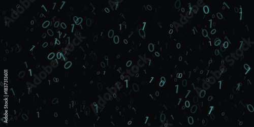 Scattered binary code numbers one and zero in teal and light blue hues falling against a deep black background symbolizing digital data and information flow