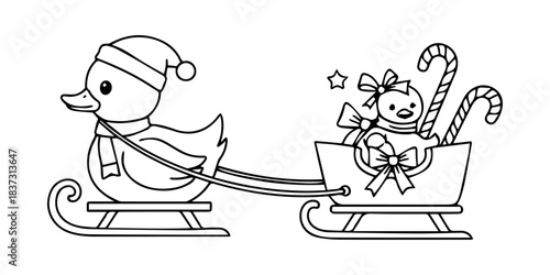 Cute Baby Duck Riding Tiny Sleigh, Candy Cane Pulling, Holiday Line Art SVG
